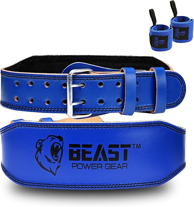 Weight Lifting Belt - 4” Genuine Leather Belts Padded Lower Back Support for Gym Bodybuilding Squat Deadlift Weightlifting Cross Strength Training Men Women Free Wrist Wrap