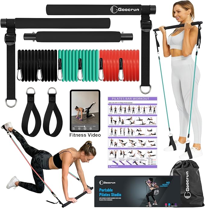 Goocrun Portable Pilates Bar Kit with Resistance Bands for Men and Women - 3 Set Exercise Resistance Bands - Multifunctional Home Gym - Supports Full-Body Workouts – with Fitness Poster and Video
