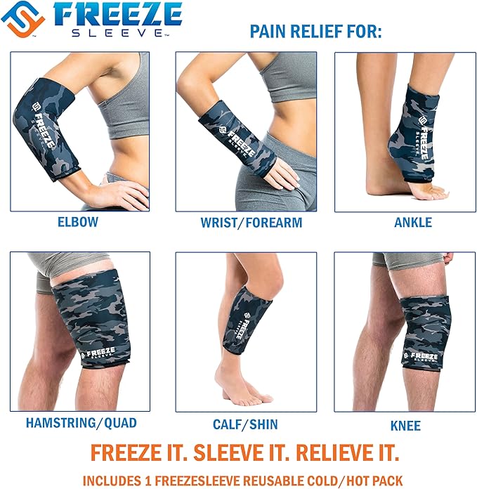 FreezeSleeve Ice & Heat Therapy Sleeve- Reusable, Flexible Gel Hot/Cold Pack, 360 Coverage for Knee, Elbow, Ankle, Wrist- Blue Camo, Large