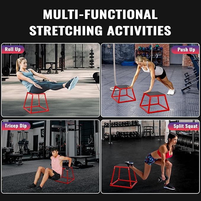 Heavy-Duty Steel Plyometric Jump Box Set, 12” 18” 24” Square Jumping Trainer with Non-Slip Rubber Top, Stackable Home Gym Fitness Equipment for Strength Training & Conditioning
