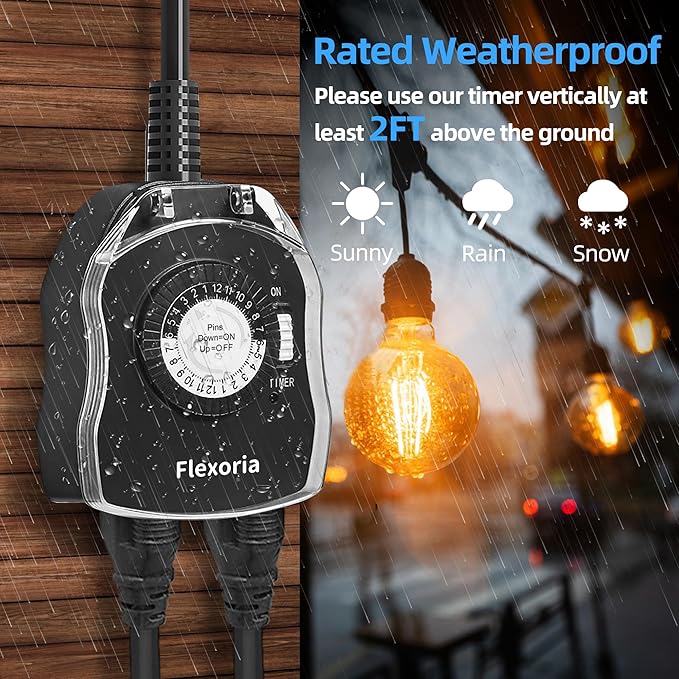 Outdoor Timer Outlet Waterproof, 24 Hour Mechanical Plug in Light Timer, 2 Grounded Outlets for Outdoor Lights, 15A 1/2 HP, ETL Listed (2 Packs)