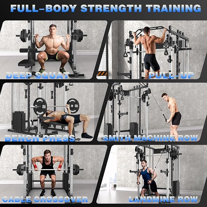 Smith Machine Strength Training Squat Rack with Smith Bar, Power Cage with LAT Pull-Down Systems, Cable Crossover Machine for Home Gym