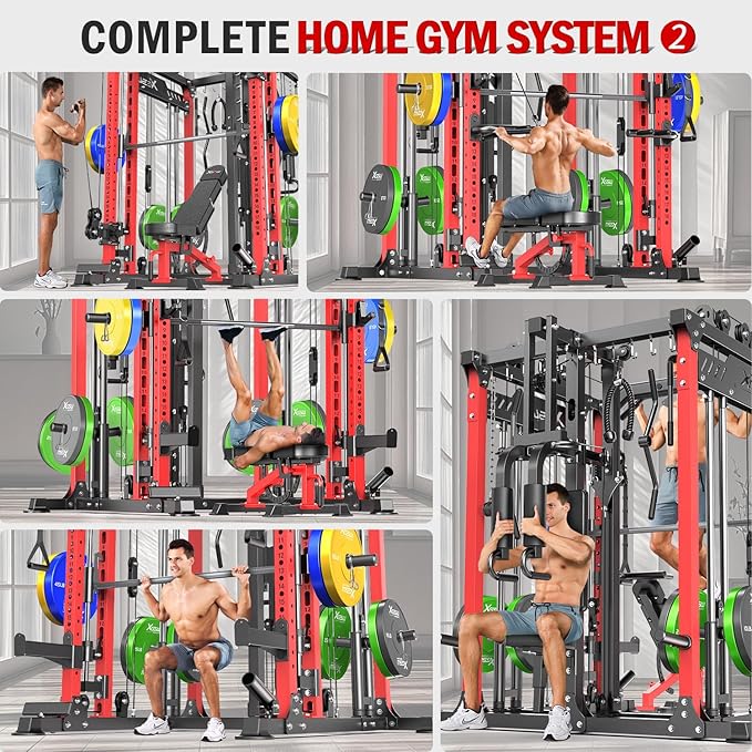 Smith Machine with Cable Crossover System, Multi-Function Power Cage Squat Rack for Home Gym, Power Rack and Packages Weight Sets.