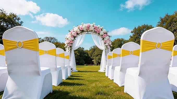 Wedding Yellow Chair Sashes 100 Pack Spandex Chair Bands with Buckles Stretch Chairs Bows for Party Birthday Bridal Shower Engagement Anniversary Christmas Event Decorations