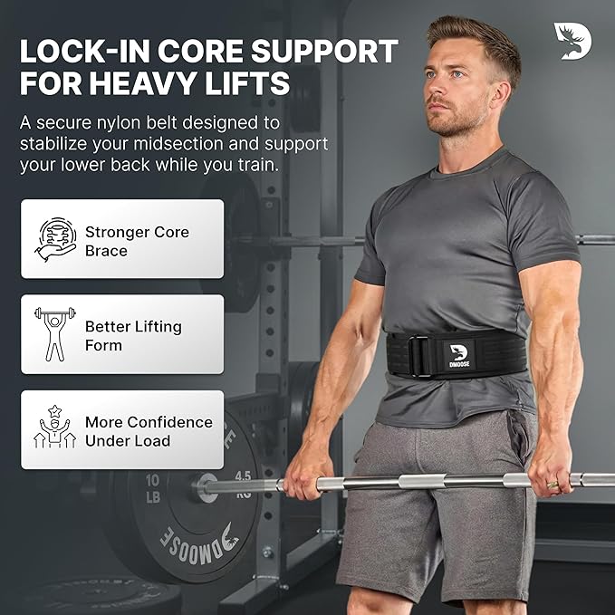 DMoose Weight Lifting Belt - Auto Locking Gym Belt for Olympic Training, WOD, Cross Training for Men and Women - 4" Nylon Workout belt with Adjustable Buckle - Provides Lumbar Support and Stability
