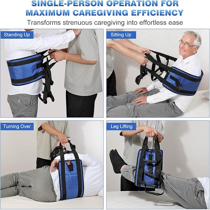 Rhino Valley Transfer Sling, Gait Belt with 10 Padded Handles, 9.7" Extra Wide Transfer Belt for Seniors, 330lbs Heavy Duty Lift Assist for Bed, Wheelchai,Non-Slip Nursing Belts Elderly, Injured, Blue
