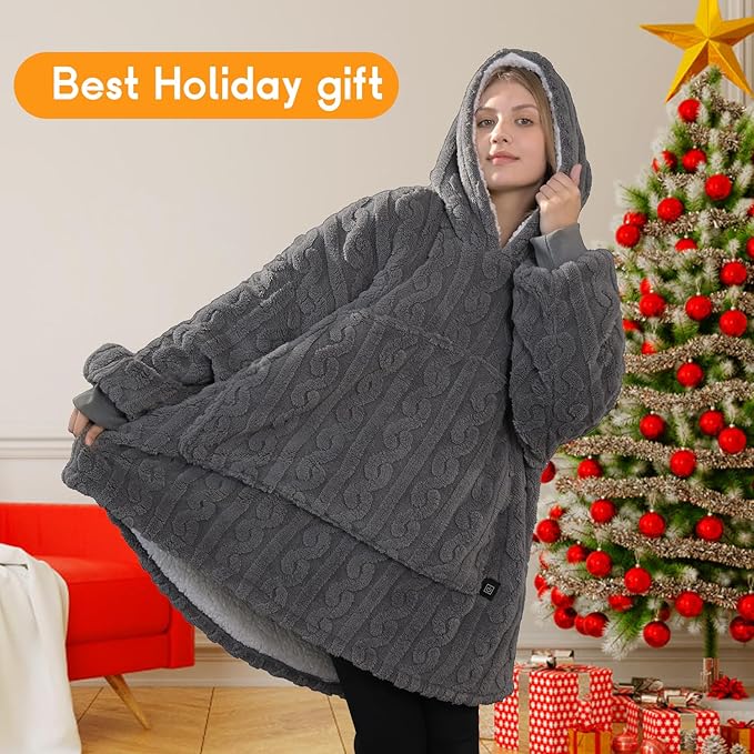Heated Wearable Blanket Battery Powered, Come with 5000mAh Portable Rechargeable Charger, USB Fannel Sherpa Oversized Hoodie Sweatshirt, Machine Washable, Grey