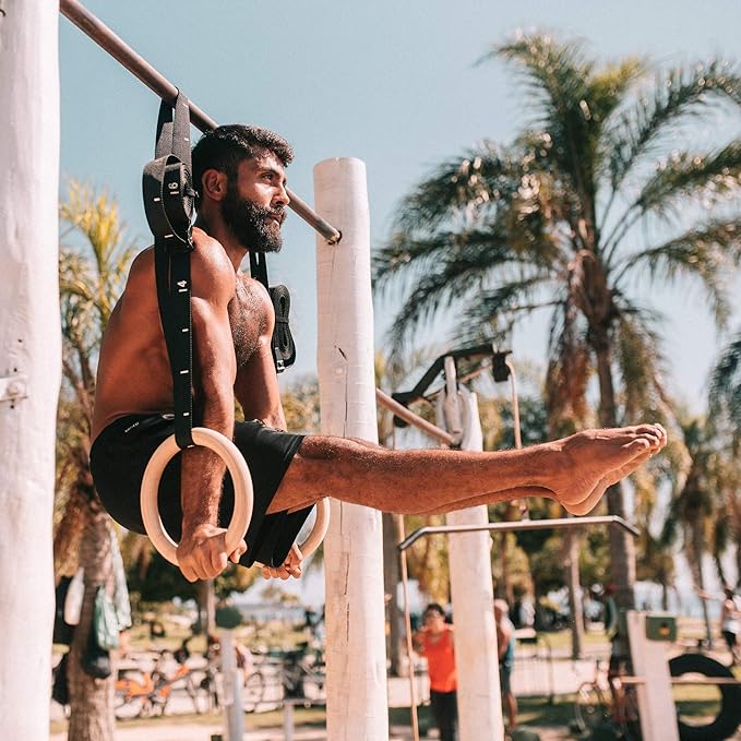 PULLUP & DIP Premium Gymnastic Rings, Wooden Gym Rings for Calisthenics - Wide Straps with Length Markings + Door Anchor + Carry Bag + Exercise Guide, Calisthenics Rings