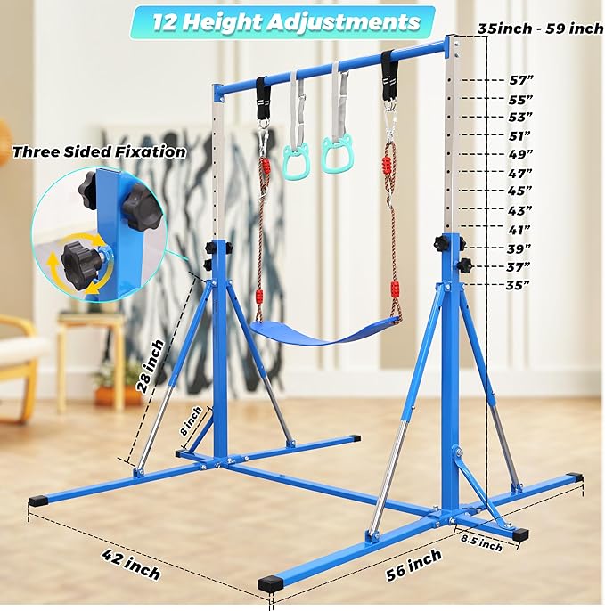 Foldable Gymnastics Bar,5FT Horizontal bar,Adjustable Kids Training bar for Kids Ages 3-15,Kids Gymnastics bar,Triangle Stable Structure-Gym Equipment for Home