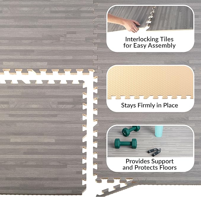 EVA Foam Floor Tiles 12-Pack - 48 SQFT Woodgrain Puzzle Mats for Floor - Interlocking Foam Tiles for Family Room or Gym Flooring by Stalwart (Gray)