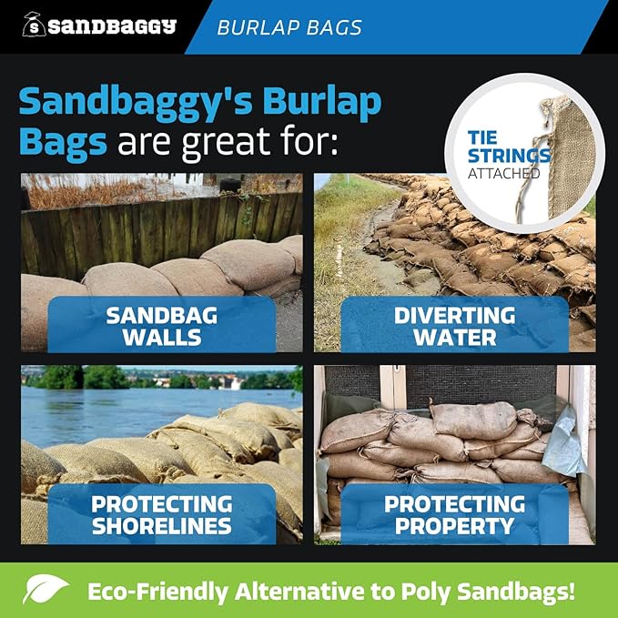 Sandbaggy Burlap Sand Bags - Size: 14" x 26" - 50 lb Weight Capacity - For Flooding, Flood Water Barrier, Tent, Empty (10 Bags)