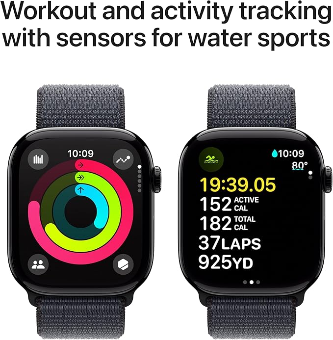 Apple Watch Series 10 [GPS 46mm case] Smartwatch with Jet Black Aluminum Case with Ink Sport Loop. Fitness Tracker, ECG App, Always-On Retina Display, Carbon Neutral