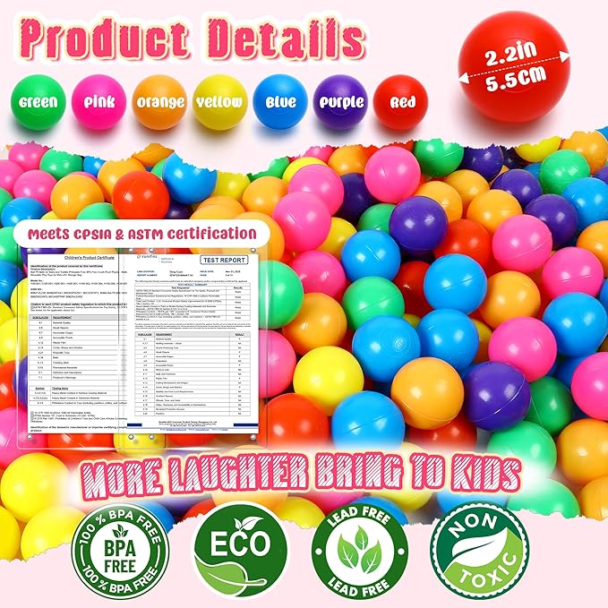 Vanland Ball Pit Balls for Baby and Toddler Phthalate Free BPA Free Crush Proof Plastic - Multicolored Pit Balls in Reusable Play Toys for Kids with Storage Bag