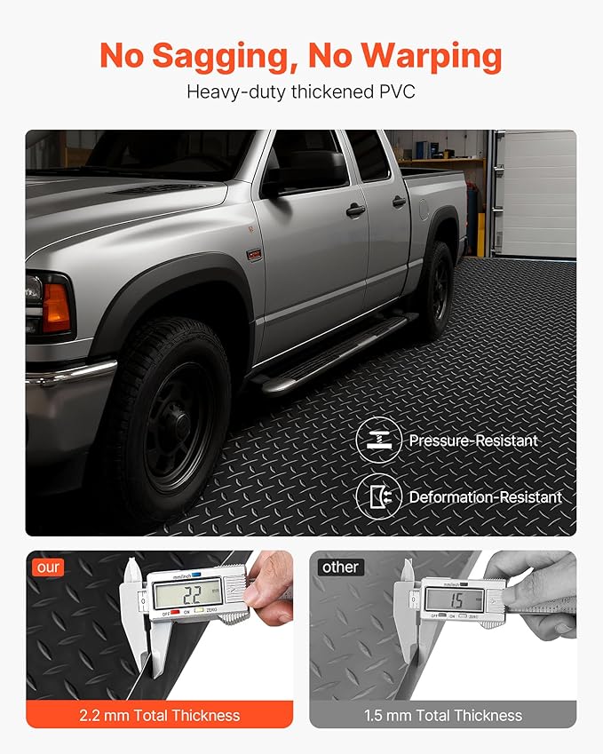 VEVOR Garage Floor Roll, 7.5 x 17 ft Garage Flooring Mat, 2.2 mm Thickened PVC Diamond Plate Floor Protector Mat with Double-Sided Tape, Non-Slip, Easy to Clean for Warehouse, Gyms, Trailer, Black