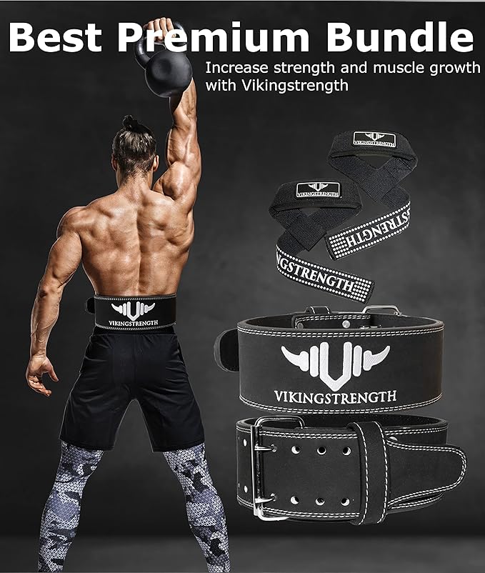 Vikingstrength Premium Weight Lifting Belt with Lifting Straps, Gym Weightlifting Belt for Men and Women, perfect for Squat, Powerlifting, Crossfit and Deadlifting M-4XL + V-Strength Workout App