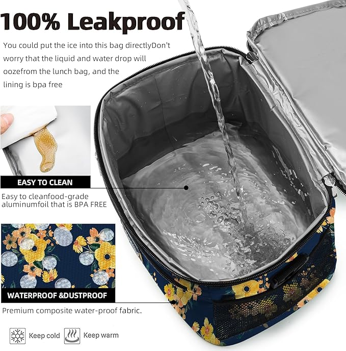 BEIMILY Lunch Box for Men/Women, Small Insulated Lunch Bag, Leak-Proof Soft Cooler Tote Bag, Reusable LunchBox for Work, Travel,Picnic with Adjustable Shoulder Strap for Adults(floral yellow)