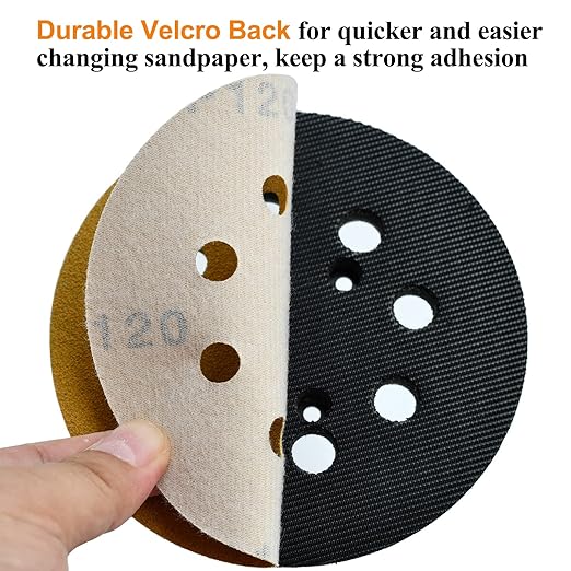 5-Inch 8-Hole Hook and Loop Sanding Discs, 60/80/120/220/400 Assorted Grits Gold Sanding Disc for Random Orbital Sander, 50-Pack