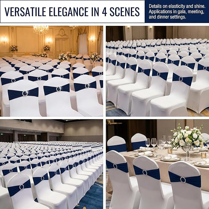 150 Pack Spandex Stretch Chair Sashes Bows, Elastic Stretch Chair Cover Bands Ties with Buckle Slider for Wedding Party Ceremony Reception Event Banquet Decoration (Navy Blue)