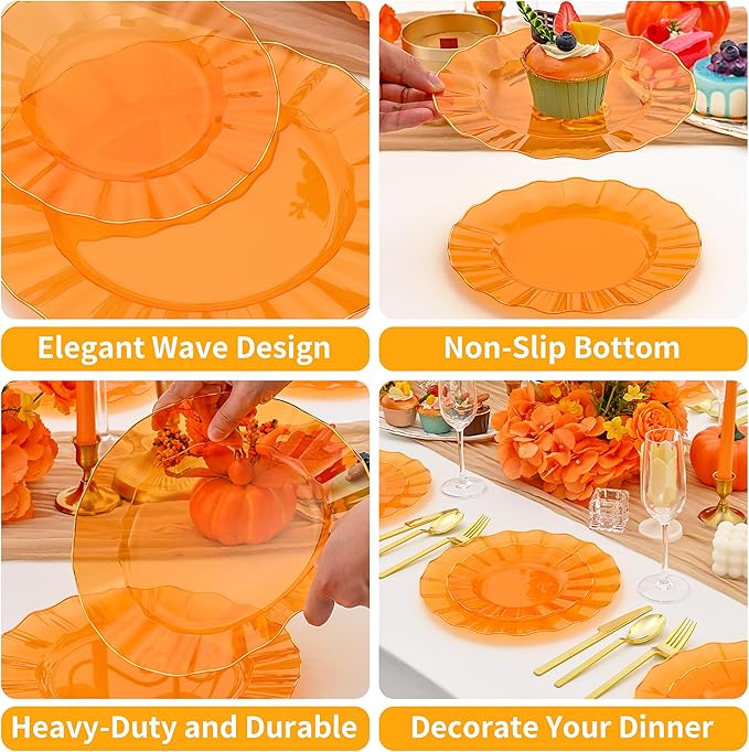 60pcs Orange Plastic Plates with Gold Rim, Clear Orange and Gold Plastic Plates, Fancy Disposable plate, 30 Dinner & 30 Dessert Plate for Party Wedding, Ware Design