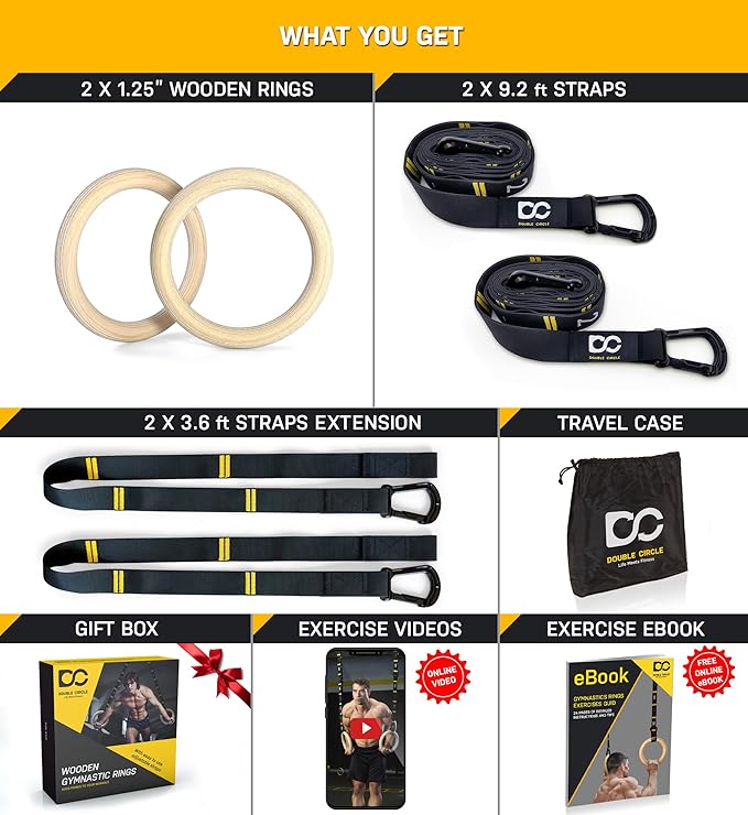 Double Circle Wood Gymnastics Rings with Quick Adjust Numbered Straps and Exercise Videos Guide - Full Body Workout Rings, Calisthenics, Home Gym (Multi-Size)