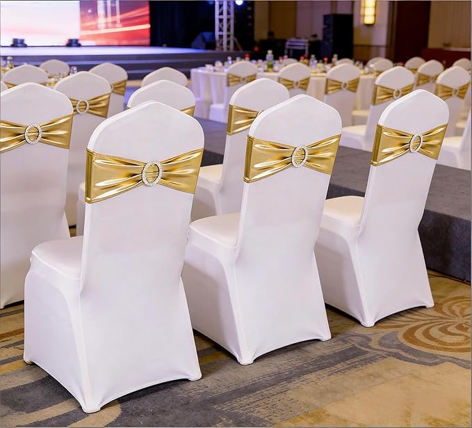 Wedding Spandex Metallic Gold Chair Sashes 100 Pack Chair Bands with Buckle Bronzing Gold Chairs Bows for Party Birthday Bridal Shower Engagement Anniversary Christmas Event Decorations