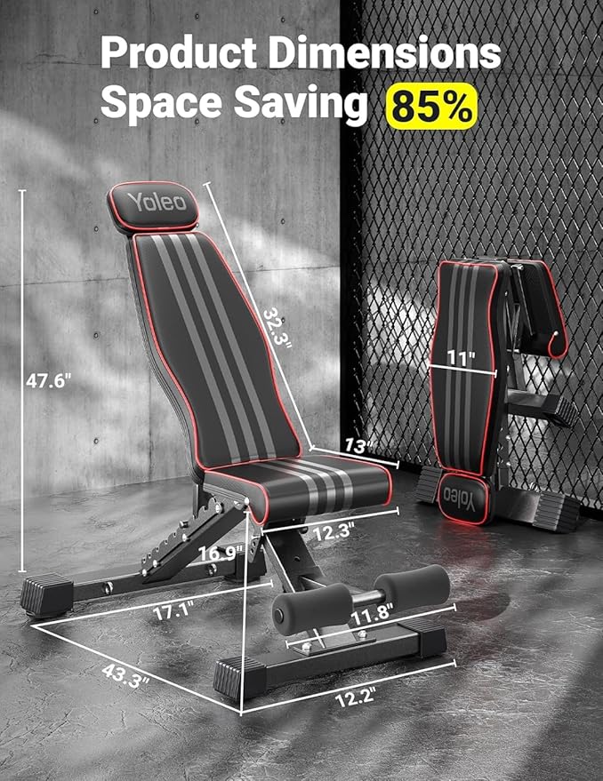 Yoleo Adjustable Weight Bench, 660LB Foldable Workout Bench with Extended Head/Neck Protection/Spine Support for Bench Press, Fast Folding Incline Decline Flat Bench