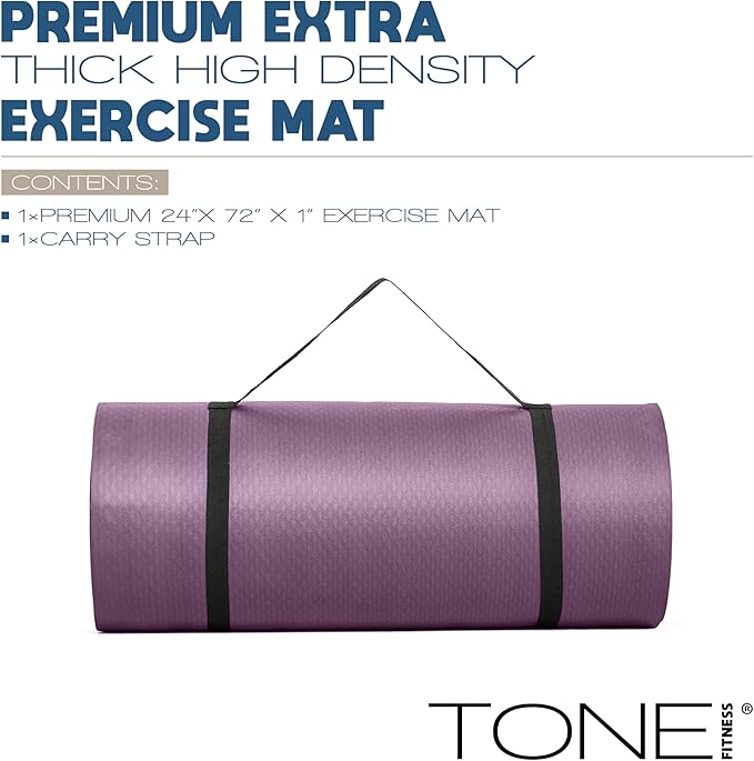 Tone Fitness 1-Inch Thick Yoga Mat | High-Density, Non-slip Exercise Mat with Carrying Strap for Yoga, Pilates, & Home Gym Workouts | Multiple Options