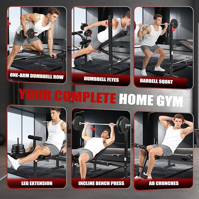 Foldable 1500LBS 8 IN 1 Olympic Weight Bench Set with Squat Rack, Leg Extension/Curl & Preacher Curl, Adjustable Bench Press Set with Safety Bar Catches for Home Gym Full Body Workout