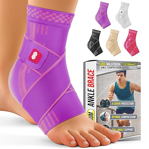 BLITZU Ankle Brace for Women, Men, Plantar Fasciitis Relief, Achilles Tendonitis Brace for Sprained Foot, Ankle Compression Sleeve with Strap Purple L