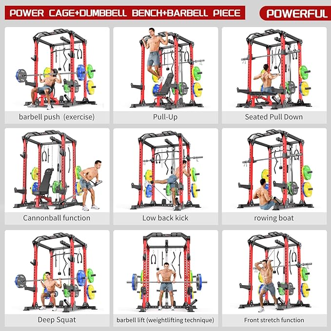 Multi-Purpose Squat Rack,Smith Machine Weight Rack Set with Cable Crossover System, Home Gym Power Racks, Power Racks and Packages