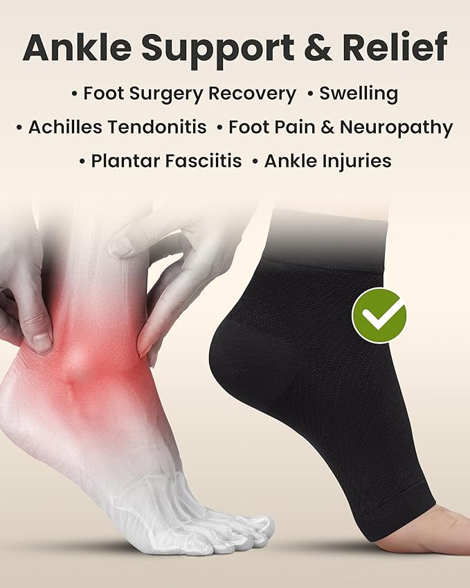 KEMFORD Ankle Compression Sleeve - 1-Pair, Plantar Fasciitis Braces - Open Toe Compression Socks for Swelling, Sprain, Neuropathy, Foot Arch Support for Men and Women - 20-30mmhg, XL, Black