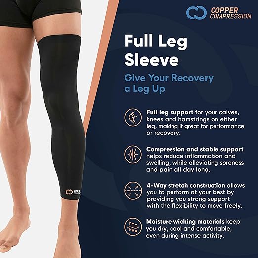 Copper Compression Leg Compression Sleeve - Copper Infused Knee Stabilizer Brace for Running, Meniscus Tear, ACL, MCL, Arthritis, Joint Pain Relief - Thigh & Calf Support for Men & Women - Black - M