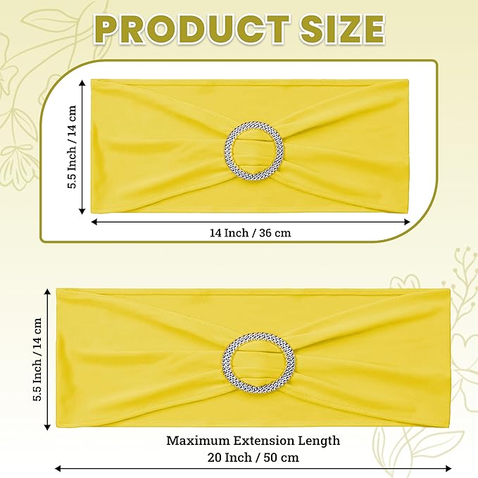 MDS Pack of 50 Spandex Chair Sashes Bow Premium Stretch Chair Cover Band with Buckle Slider Universal fits Elastic Dining Chair Ties for Wedding Party Banquet Events Decoration - Yellow
