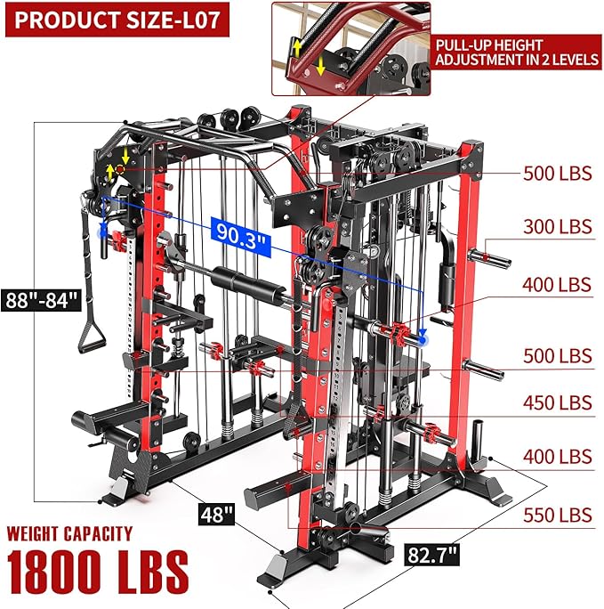 Multi-Purpose Squat Rack,Smith Machine Weight Rack Set with Cable Crossover System, Home Gym Power Racks, Power Racks and Packages