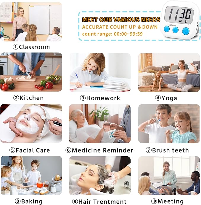 Timer for Kids Teachers Digital Kitchen Timers for Cooking Large Magnetic Classroom Timer 24Pack-Blue White
