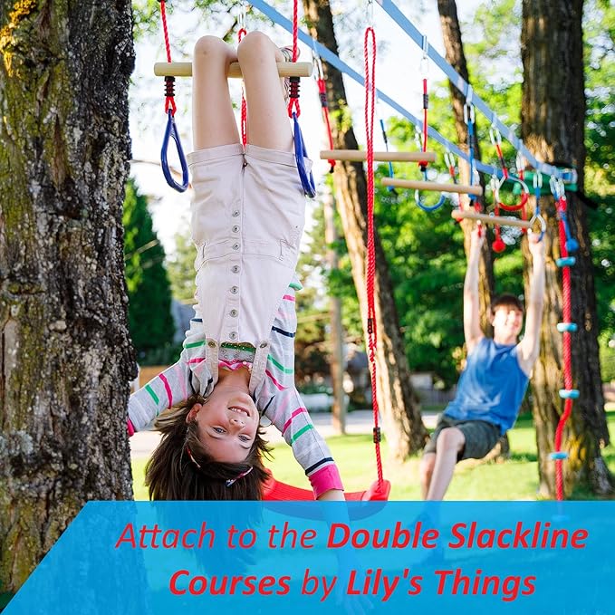 Lily's Things Trapeze Swing Bar with Gymnastic Rings | Ninja Warrior Accessories for Ninja Slackline Obstacle Course | Gym Accessories| Monkey Bar Set | Attaches to Most Home Playground Equipment Sets