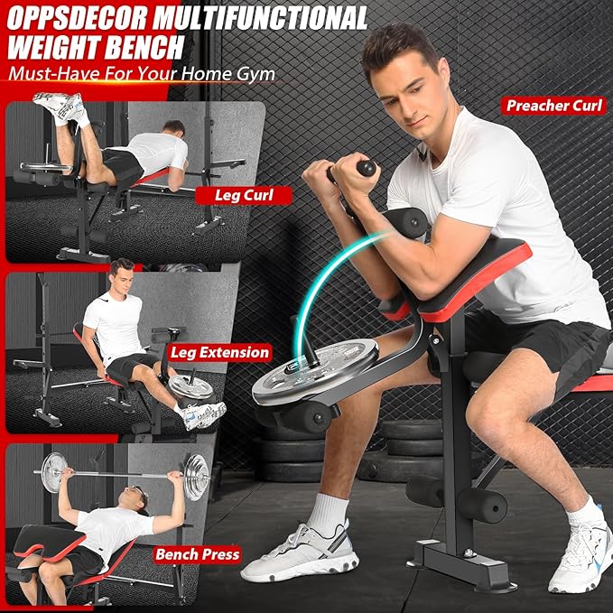 OPPSDECOR 6 in 1 900LBS Weight Bench with Leg Extension and Leg Curl, Foldable Bench Press Set and Squat Barbell Rack with Preacher Curl, Adjustable Workout Bench for Home Gym Strength Training PXZXYX1