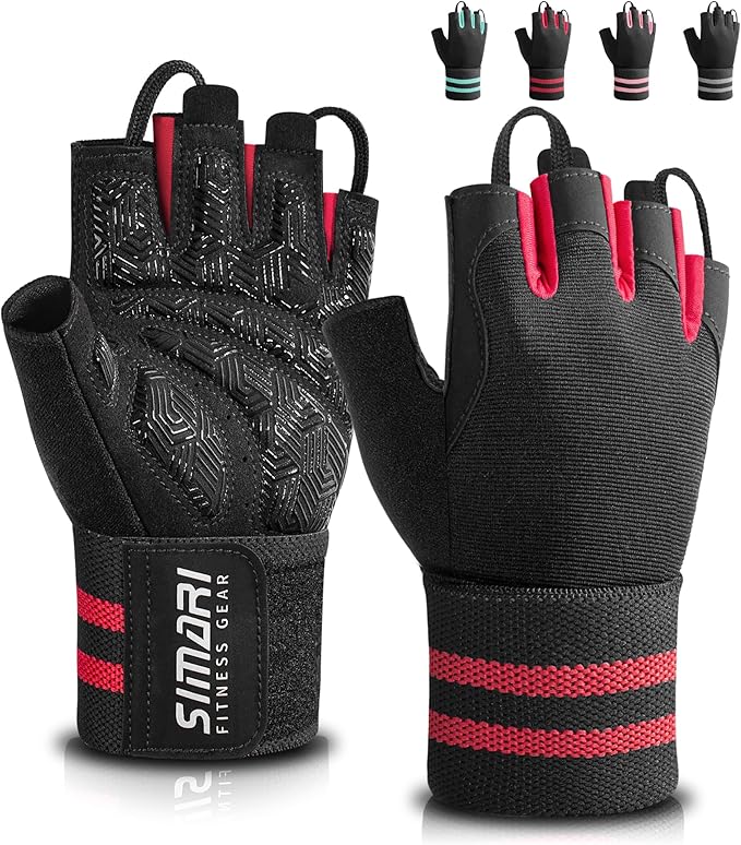 SIMARI Workout Gym Gloves for Men Women, Weight Lifting Gloves with Wrist Wrap Support, SBR Pad Grip for Full Palm Protection, for Exercise, Fitness, Dumbbells, Barbell, Climbing, Fingerless