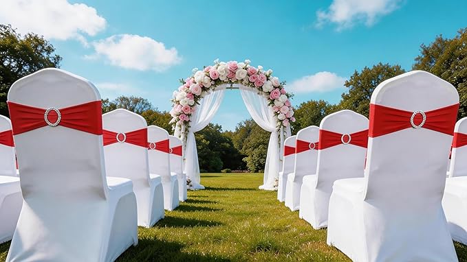 Wedding Red Chair Sashes 100 Pack Spandex Chair Bows Bands with Buckles for Party Birthday Bridal Shower Engagement Banquets Anniversary Christmas Outdoor Events Decorations (Red)