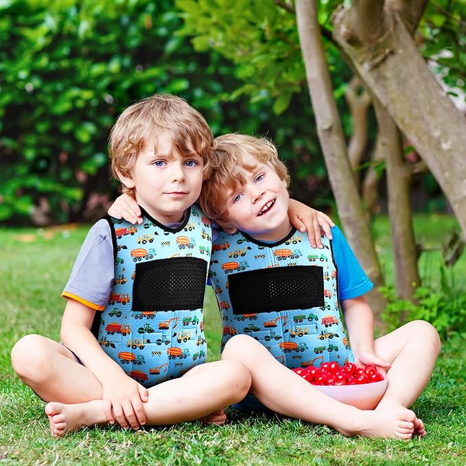 Janmercy Weighted Vest for Kids Ages 4 to 7 and Ages 8+ Boy Girl Adjustable Breathable Compression Vest for Processing Issue(Truck,Medium,Dark Blue)