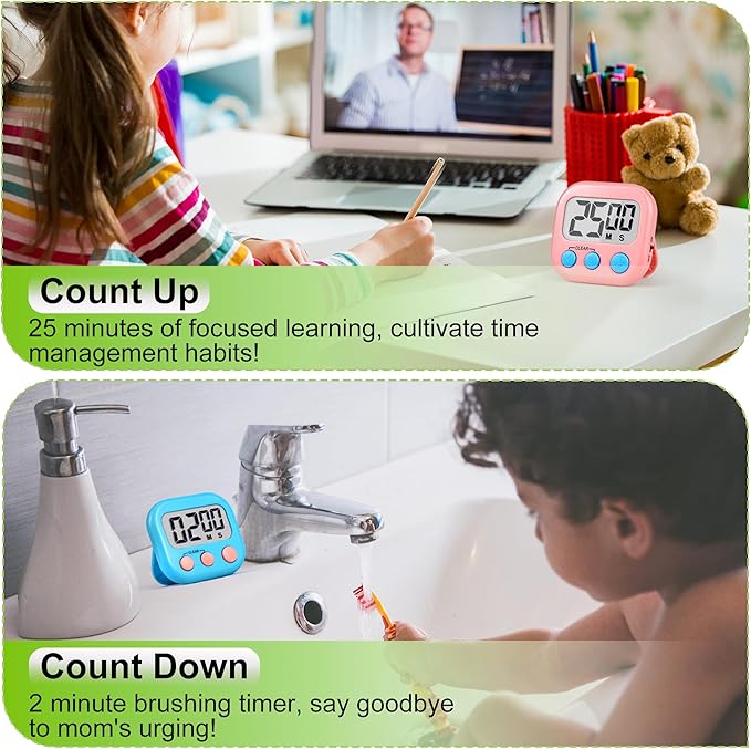 Digital Timer for Kids Teacher Supplies Classroom Timer for Study Learning Management Kitchen Work Exercise-4Pack Pink Blue Green White
