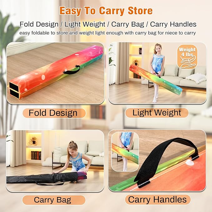 MARFULA 6 FT / 8 FT / 9 FT Folding Gymnastics Beam Foam Balance Floor Beam - Extra Firm - Suede Cover - Anti Slip Bottom with Carry Bag for Kids/Adults Home Use