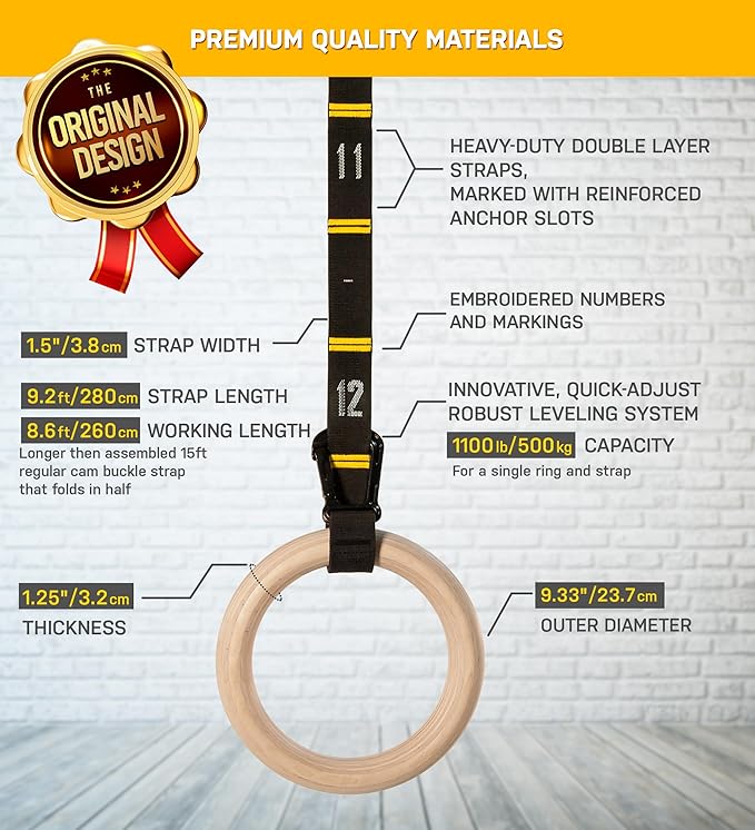 Double Circle Wood Gymnastics Rings with Quick Adjust Numbered Straps and Exercise Videos Guide - Full Body Workout Rings, Calisthenics, Home Gym (Multi-Size)