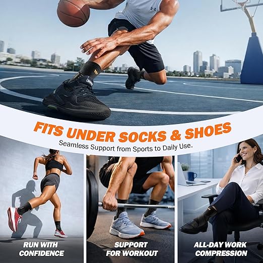 Low-Profile Ankle Braces for Women & Men, Customizable Ankle Compression Sleeve w/Wide Strap, Foot Support Wrap for Plantar Fasciitis Pain Relief, Achilles Tendonitis, Sprain, Black, 1 Pair, M