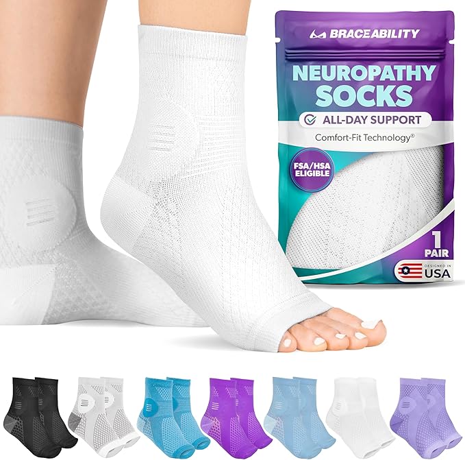 BraceAbility Neuropathy Socks (Pair) - Peripheral Neuritis Compression Diabetic Toeless Foot Sleeves for Nerve Damage Pain in Feet, Ankle Gout, Plantar Fasciitis Relief Brace for Men and Women (L - White)
