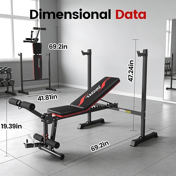 Weight Bench Set, 880LBS Adjustable Bench Press Set with Leg Extension and Barbell Rack, Safety Bar Catches, Fasting Foldable Workout Benches for Home Gym Fitness