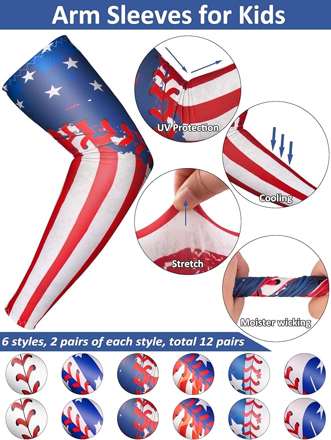 12 Pairs Sports Arm Sleeves for Kids Basketball Baseball Arm Sleeves UV Sun Protection Cooling Arm Cover Sleeve