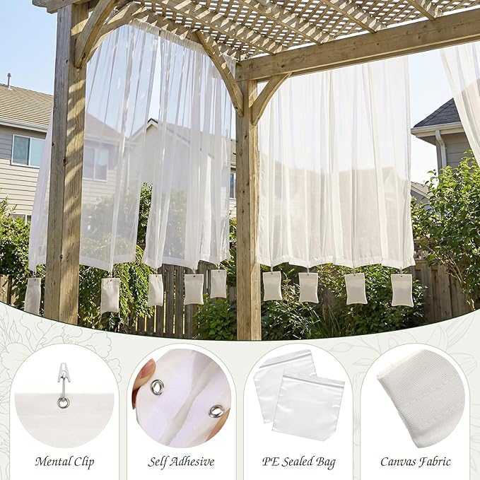 Relaxweex 6 Pack Curtain Weights, 16oz Outdoor Curtain Weighted Bag, Drapery Weighted Bottom Gazebo Weights Sandbag with Holder Clip for Drapes Cabana Gazebo Pergola Garden (White)