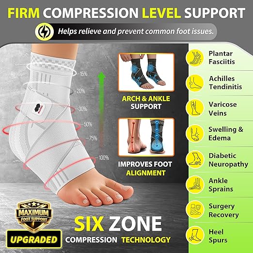 BLITZU Ankle Brace for Women, Men, Plantar Fasciitis Relief, Achilles Tendonitis Brace for Sprained Foot, Ankle Compression Sleeve with Strap White XL
