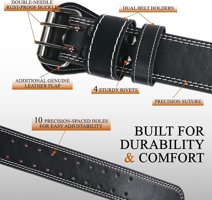 7mm Genuine Leather Weightlifting Belt, 4”& 6”Width, Double Prong Power Belt for Gym Bodybuilding, weightlifting, powerlifting, squats and deadlifts